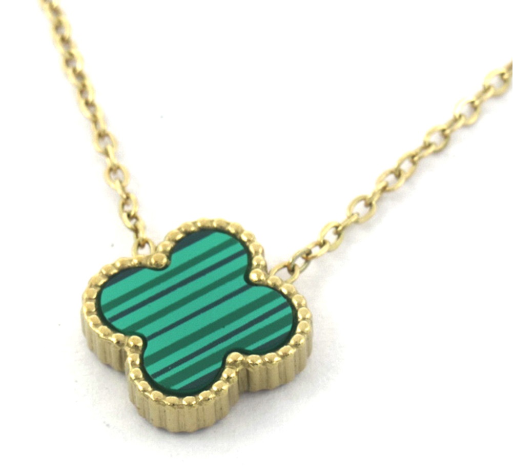 B-F8.3  N088-049G S. Steel Necklace Clover Green