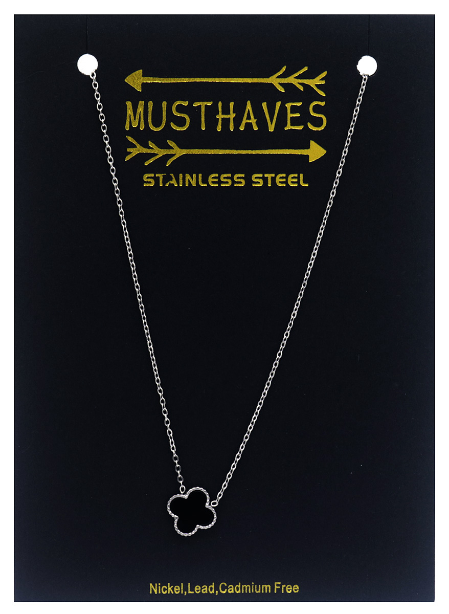 A-E7.1 N088-049S S. Steel Necklace Clover Black